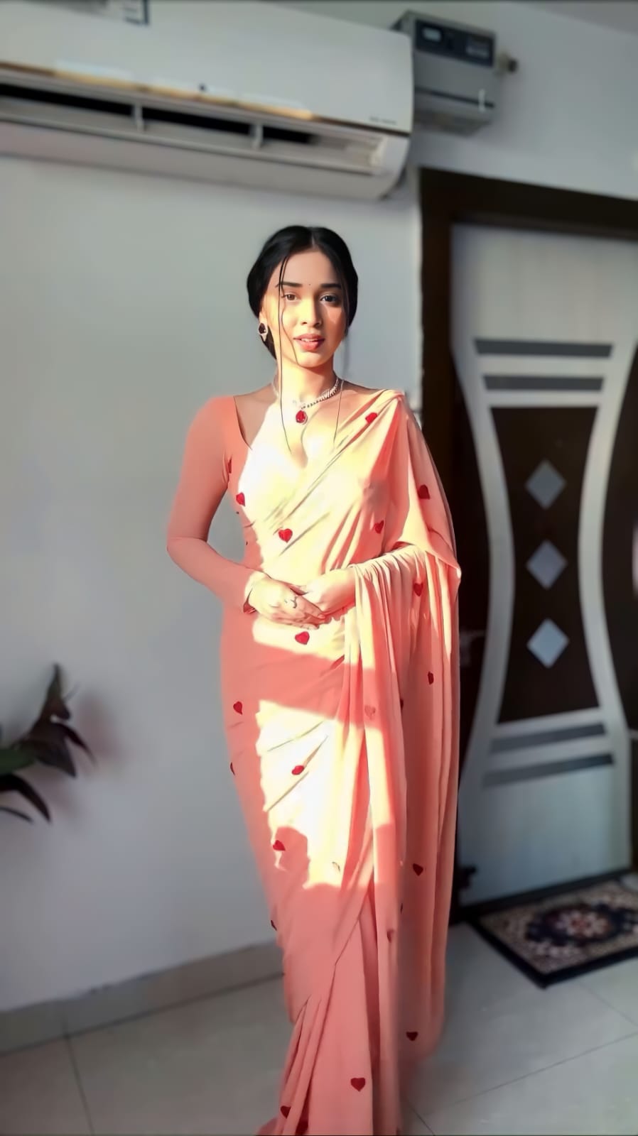 Peach Georgette Ready-to-Wear Saree for Women – Elegant Pre-Stitched Ethnic Wear