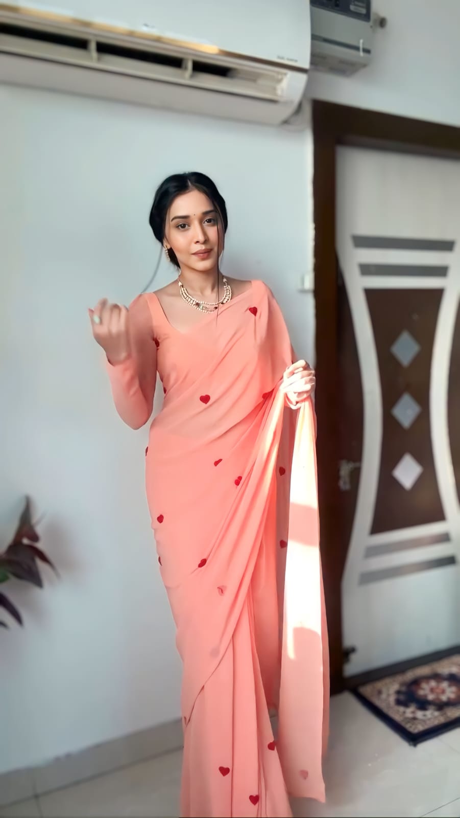 Peach Georgette Ready-to-Wear Saree for Women – Elegant Pre-Stitched Ethnic Wear