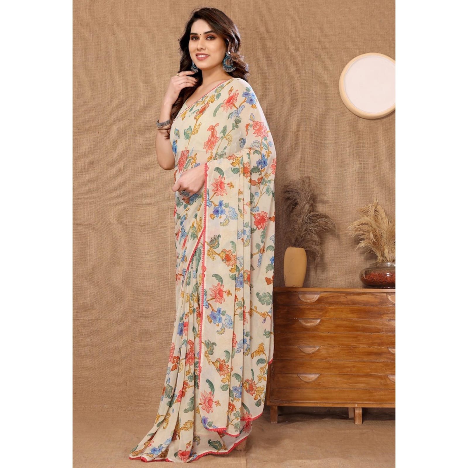 Peach Georgette Ready-to-Wear Saree for Women – Elegant Pre-Stitched Ethnic Wear