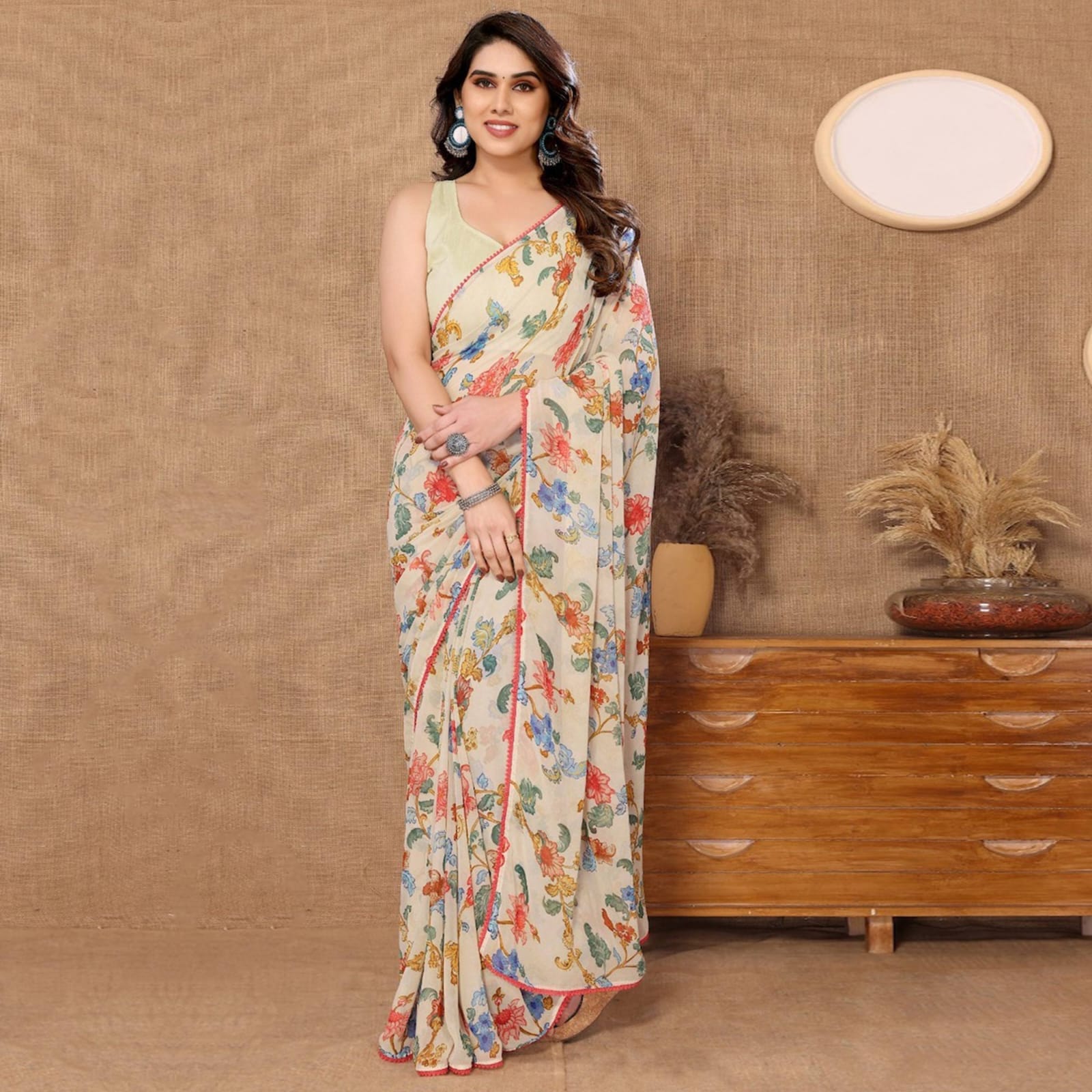 Peach Georgette Ready-to-Wear Saree for Women – Elegant Pre-Stitched Ethnic Wear