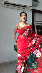 Red Organza Ready-to-Wear Saree for Women – Elegant Pre-Stitched Party & Festive Wear