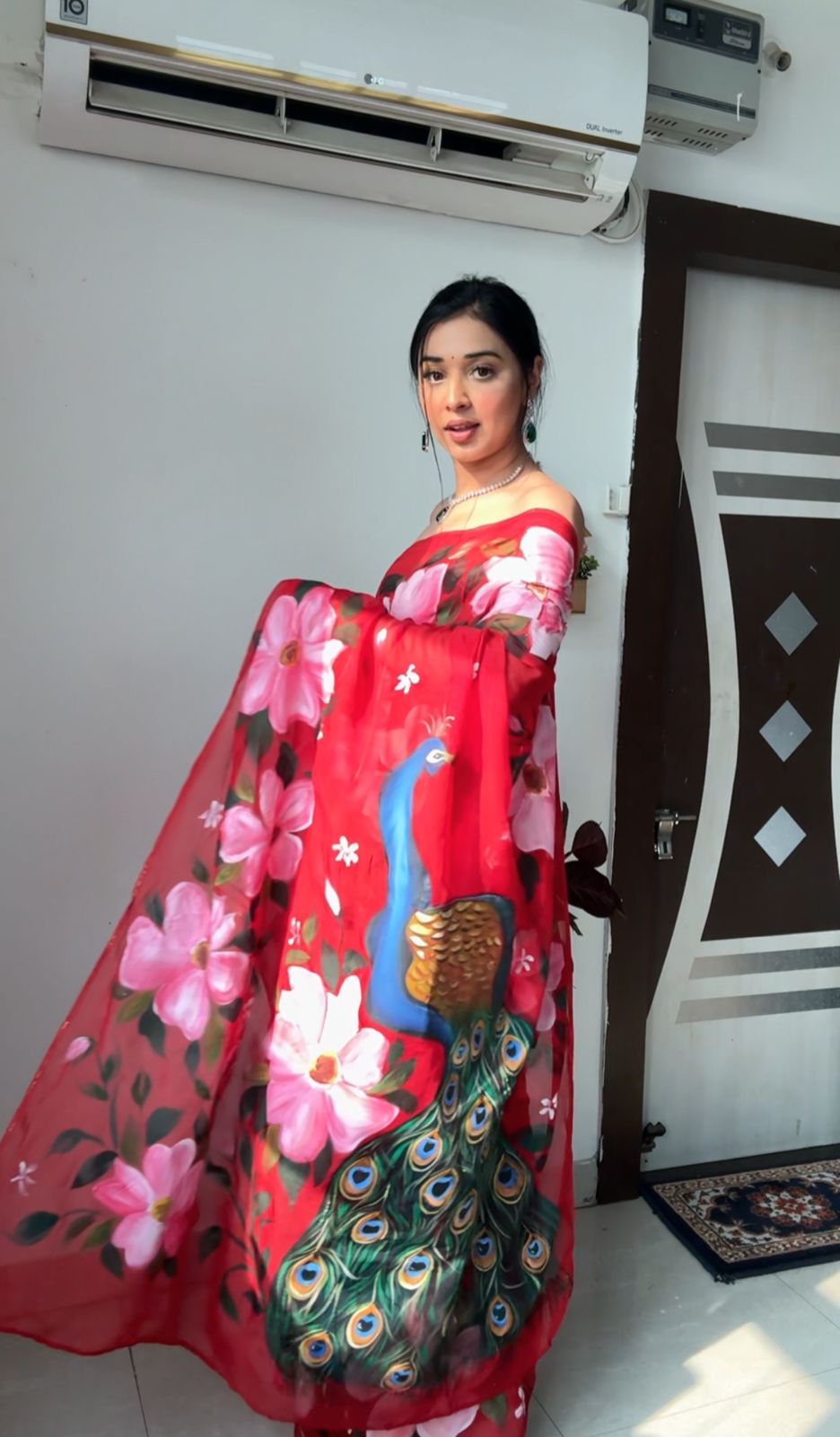 Red Organza Ready-to-Wear Saree for Women – Elegant Pre-Stitched Party & Festive Wear