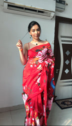 Red Organza Ready-to-Wear Saree for Women – Elegant Pre-Stitched Party & Festive Wear