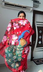 Red Organza Ready-to-Wear Saree for Women – Elegant Pre-Stitched Party & Festive Wear