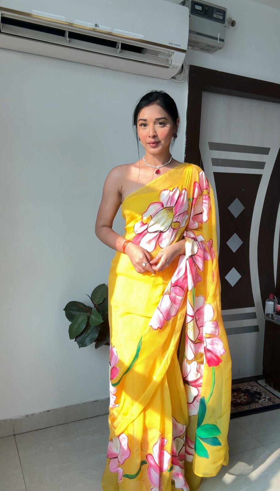 Yellow Organza Ready-to-Wear Saree for Women – Stylish Pre-Stitched Festive & Party Wear