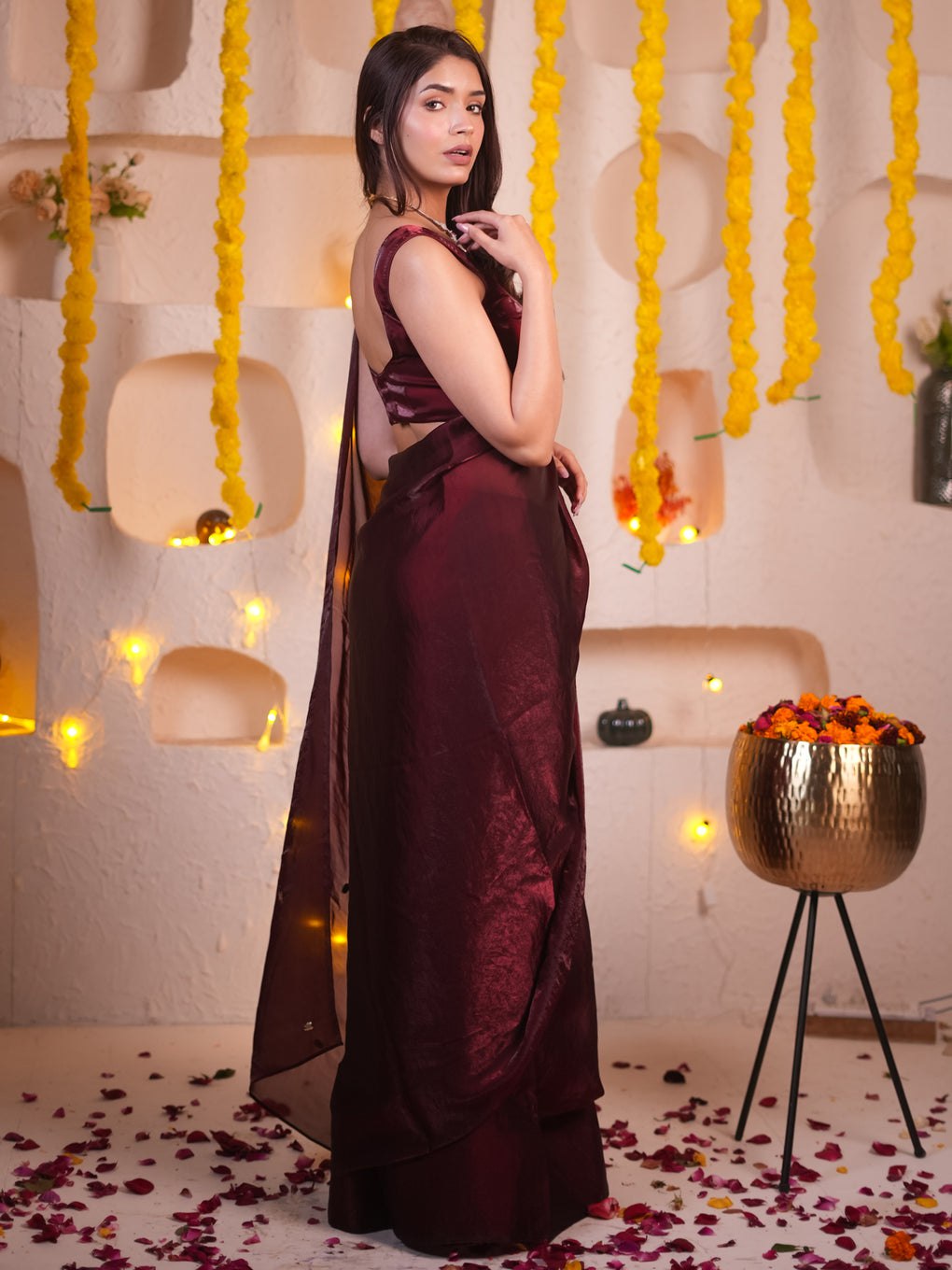 Silk Maroon Ready-to-Wear Saree for Women – Elegant Pre-Stitched Ethnic Wear