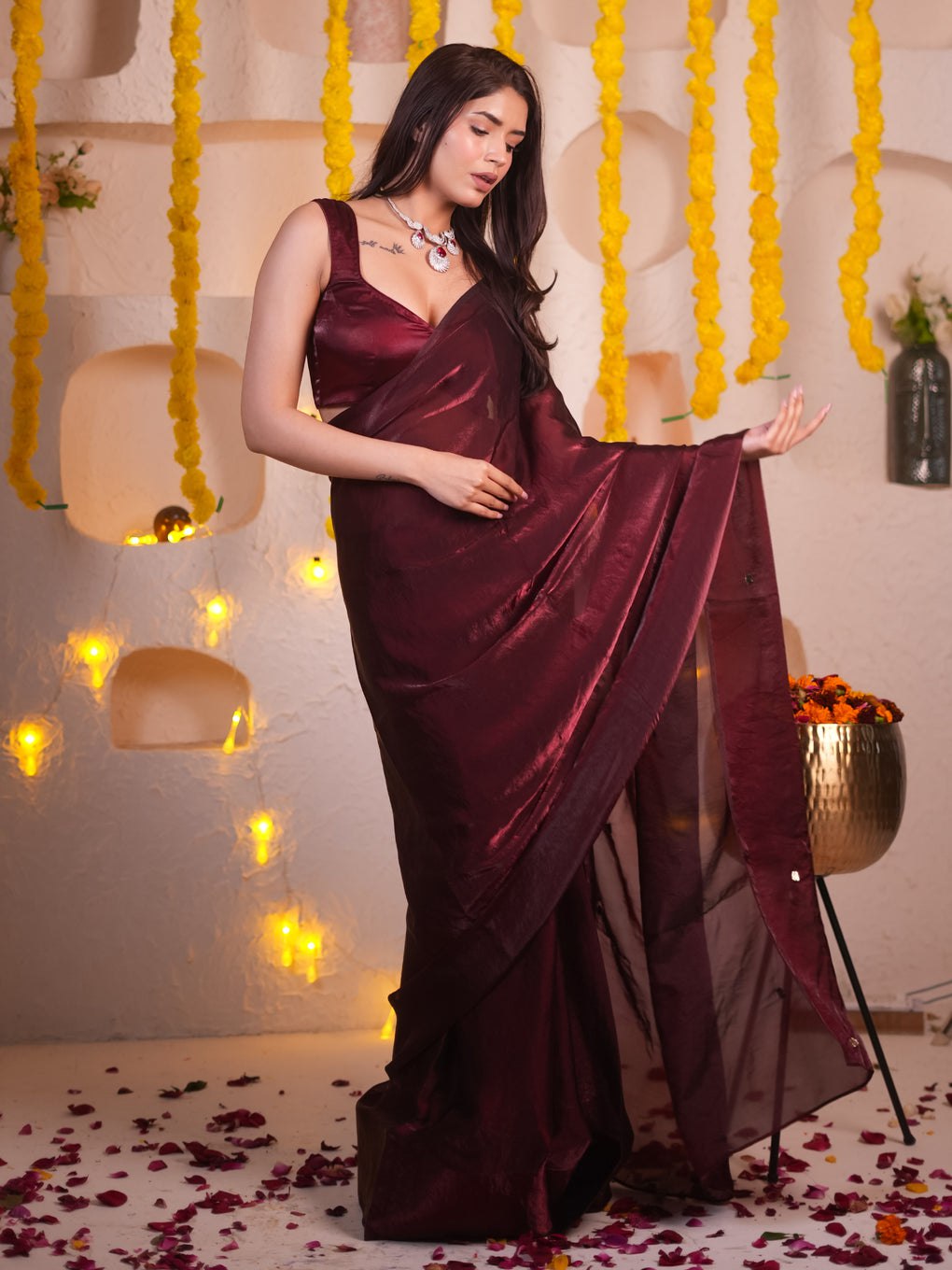 Silk Maroon Ready-to-Wear Saree for Women – Elegant Pre-Stitched Ethnic Wear