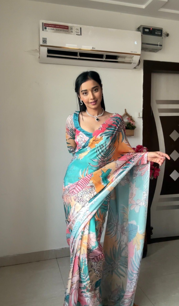 Ready to Wear Multi-Color Printed Georgette Saree with Unstitched Blouse