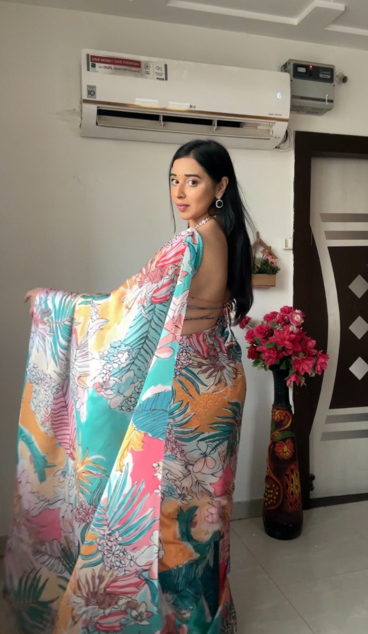 Ready to Wear Multi-Color Printed Georgette Saree with Unstitched Blouse