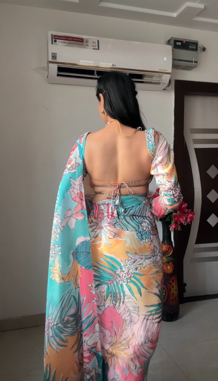 Ready to Wear Multi-Color Printed Georgette Saree with Unstitched Blouse