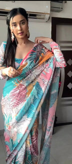 Ready to Wear Multi-Color Printed Georgette Saree with Unstitched Blouse