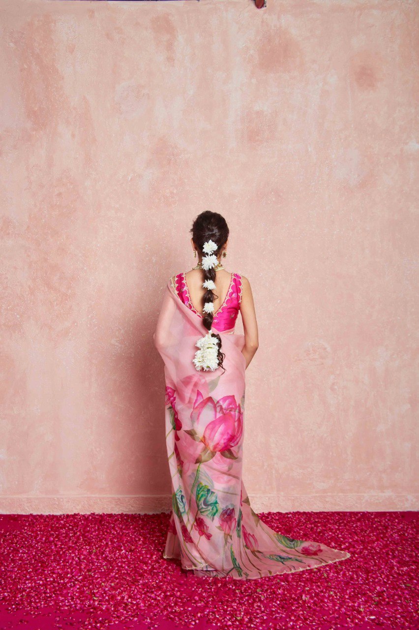 Pink Ready to Wear Organza Silk Saree with Printed & Handwork Detailing + Stitched Blouse