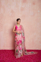 Pink Ready to Wear Organza Silk Saree with Printed & Handwork Detailing + Stitched Blouse