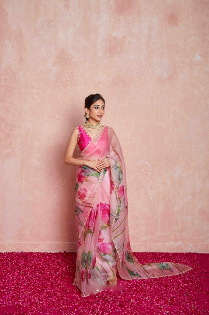 Pink Ready to Wear Organza Silk Saree with Printed & Handwork Detailing + Stitched Blouse