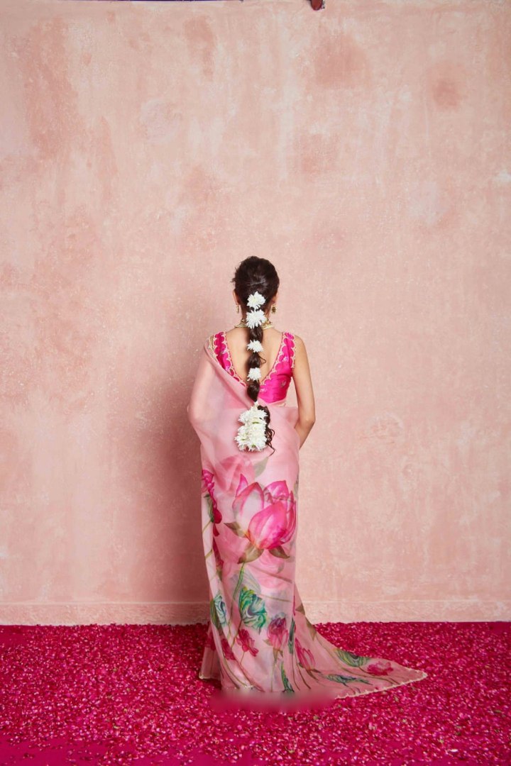 Pink Ready to Wear Organza Silk Saree with Printed & Handwork Detailing + Stitched Blouse