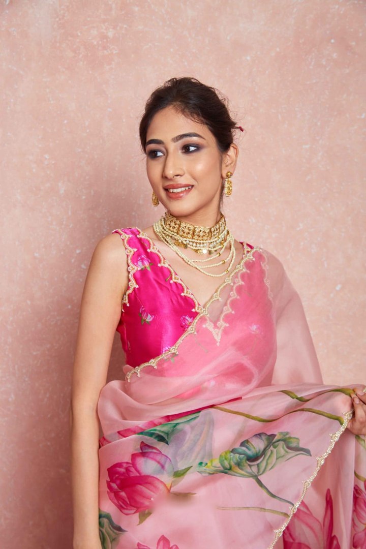 Pink Ready to Wear Organza Silk Saree with Printed & Handwork Detailing + Stitched Blouse