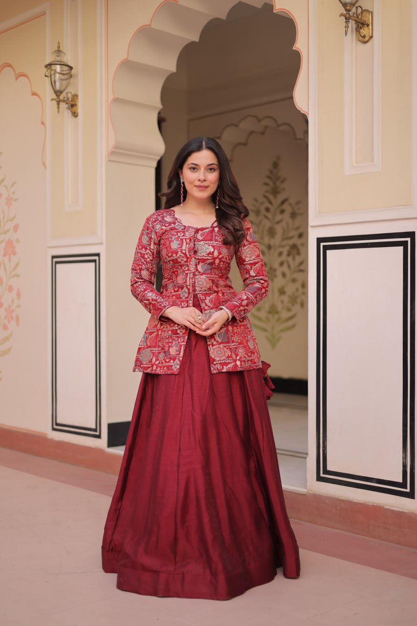 Full-Stitched Pure Simmer Vichitra Lehenga with Position Jacquard Blouse – Kali Pattern with Fancy Neck & Latkan Detail