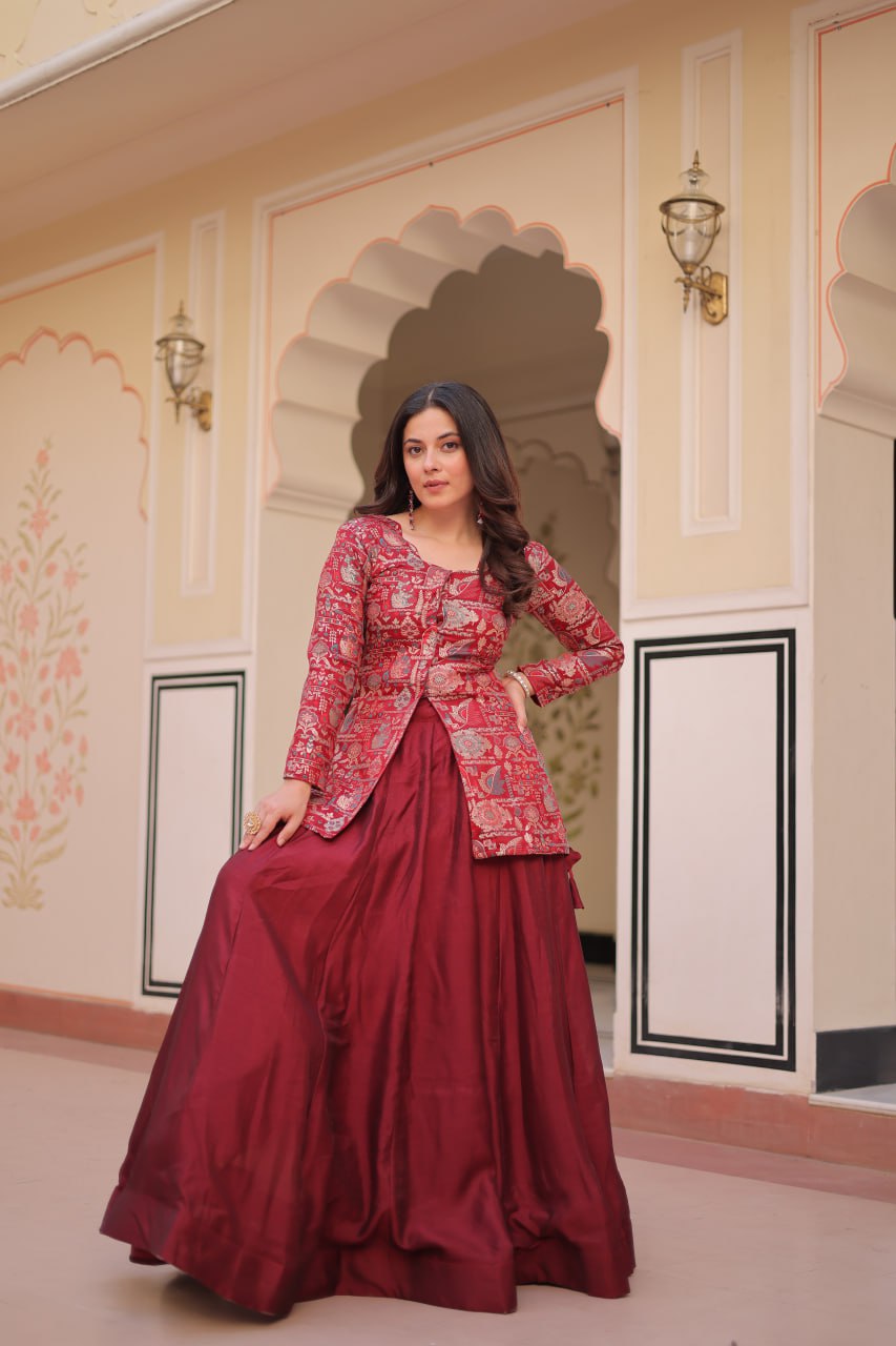Full-Stitched Pure Simmer Vichitra Lehenga with Position Jacquard Blouse – Kali Pattern with Fancy Neck & Latkan Detail
