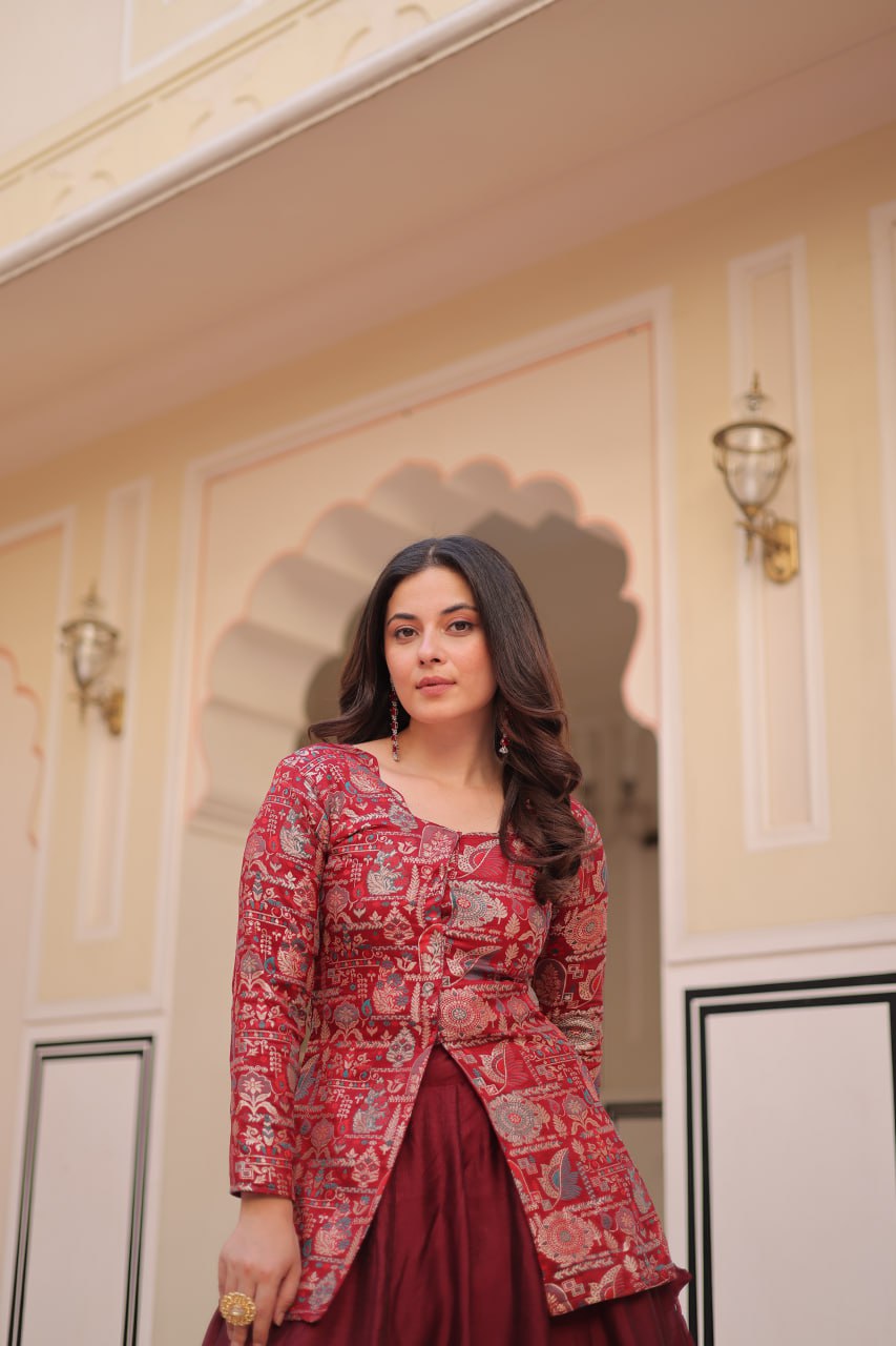 Full-Stitched Pure Simmer Vichitra Lehenga with Position Jacquard Blouse – Kali Pattern with Fancy Neck & Latkan Detail