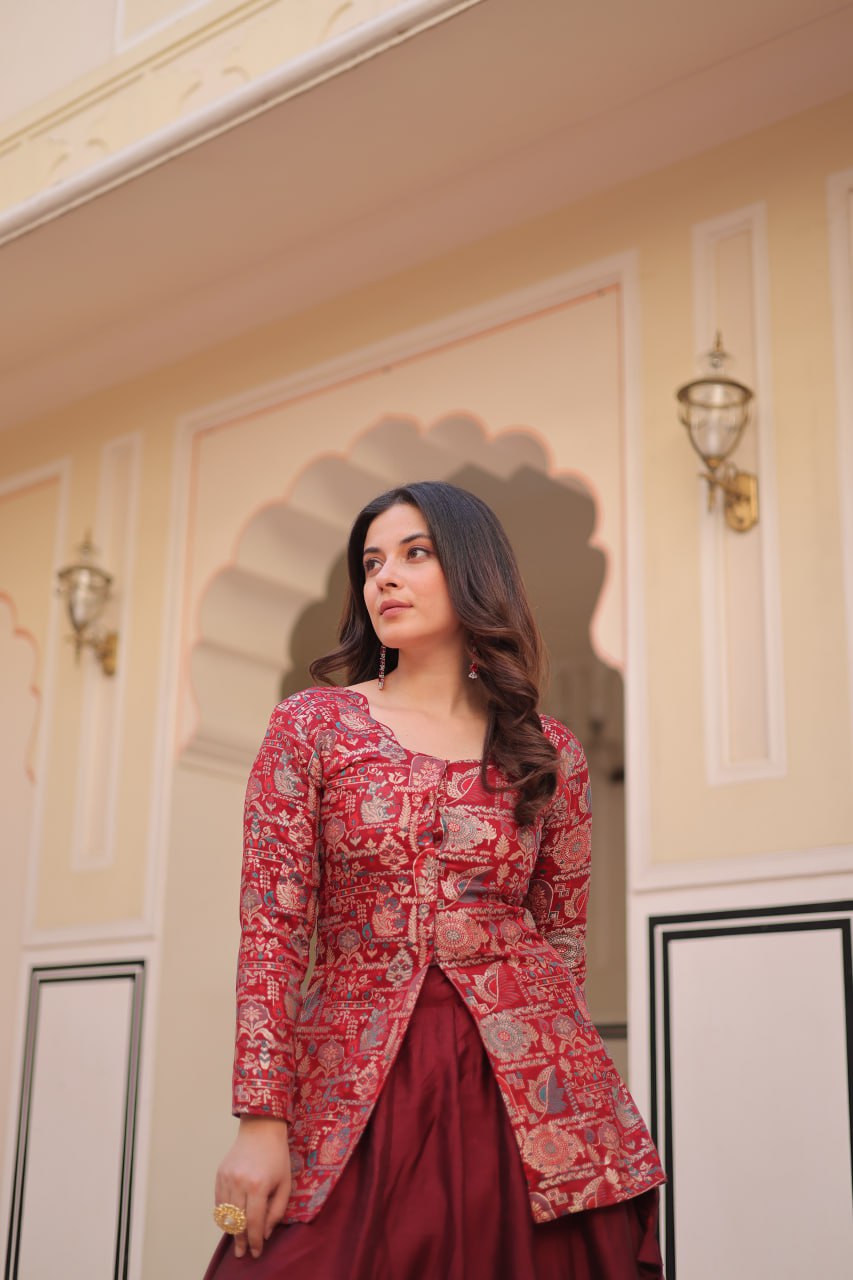 Full-Stitched Pure Simmer Vichitra Lehenga with Position Jacquard Blouse – Kali Pattern with Fancy Neck & Latkan Detail