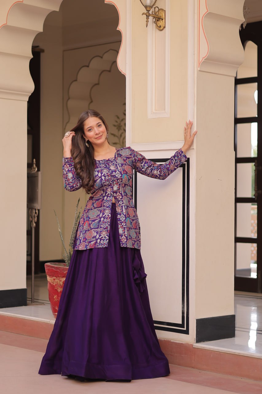 Purple Full-Stitched Pure Simmer Vichitra Lehenga with Position Jacquard Blouse – Kali Pattern with Fancy Neck & Latkan Detail
