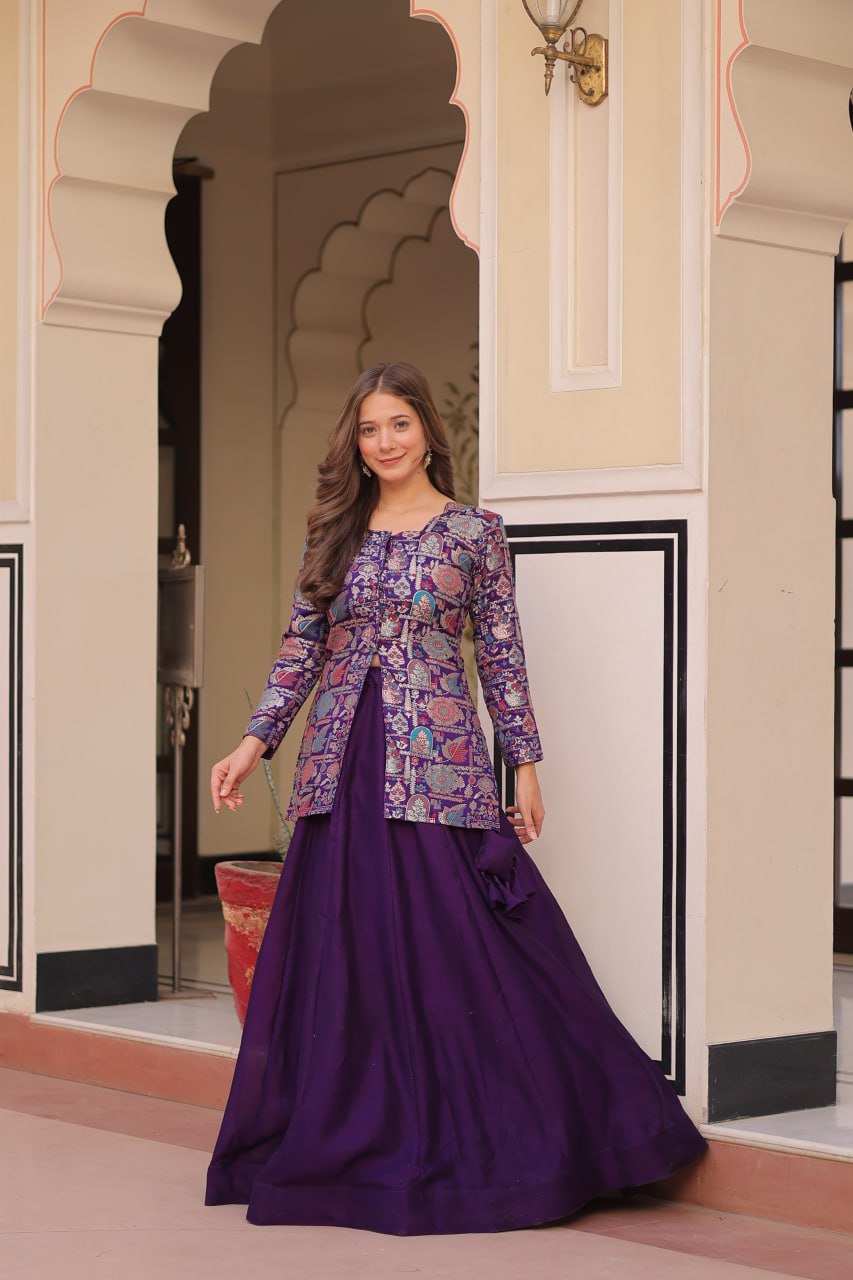 Purple Full-Stitched Pure Simmer Vichitra Lehenga with Position Jacquard Blouse – Kali Pattern with Fancy Neck & Latkan Detail