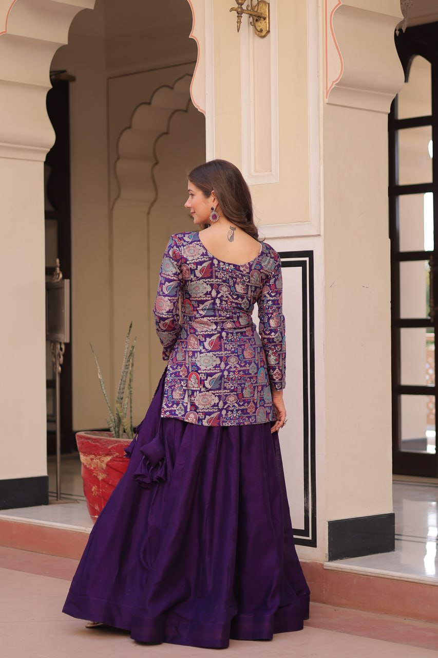 Purple Full-Stitched Pure Simmer Vichitra Lehenga with Position Jacquard Blouse – Kali Pattern with Fancy Neck & Latkan Detail