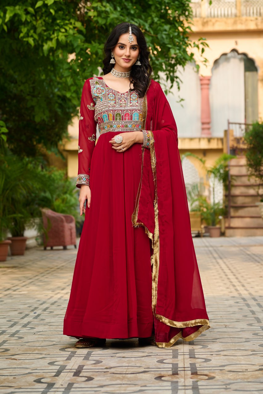 Embroidered Georgette Maroon Anarkali Gown with Dupatta – Festive & Ethnic Wear