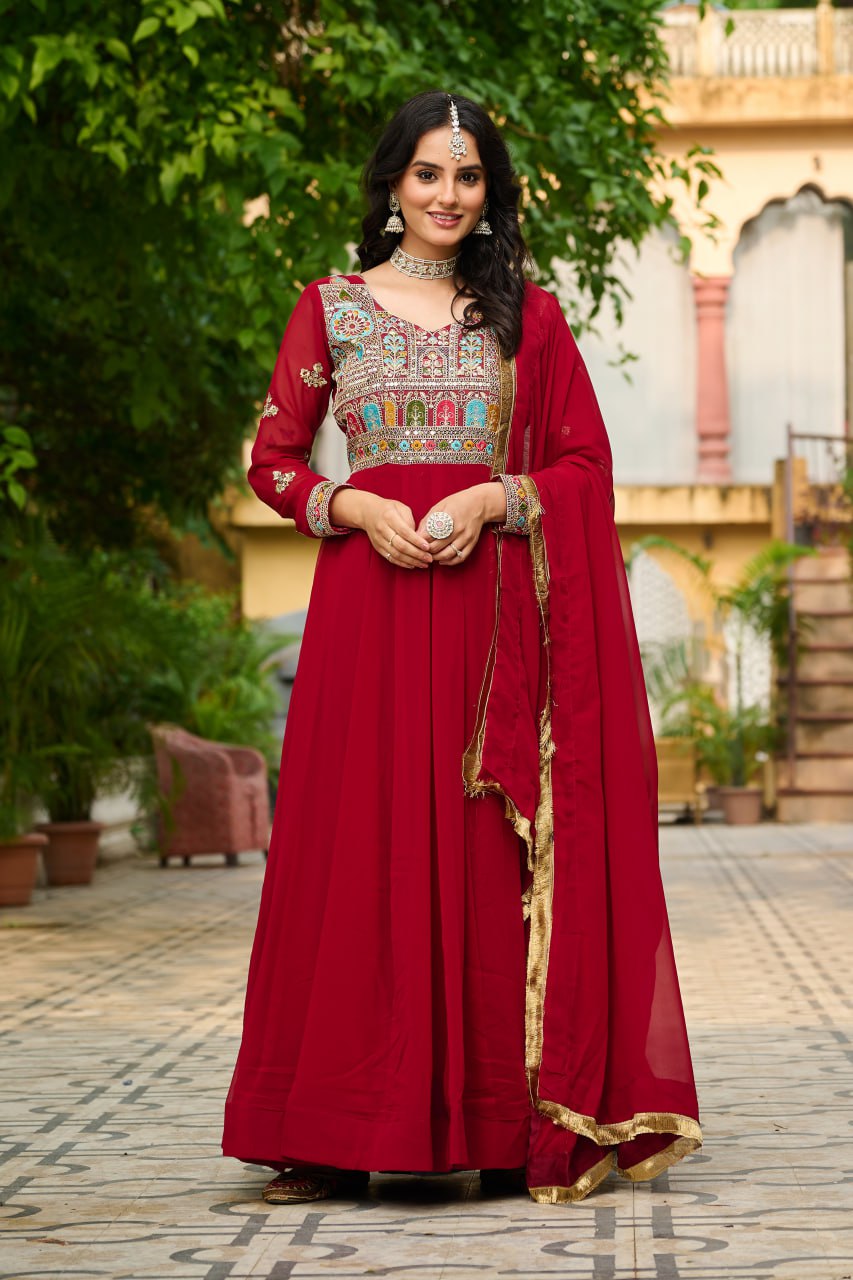 Embroidered Georgette Maroon Anarkali Gown with Dupatta – Festive & Ethnic Wear