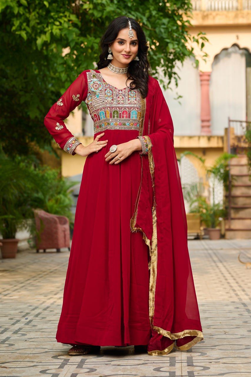 Embroidered Georgette Maroon Anarkali Gown with Dupatta – Festive & Ethnic Wear