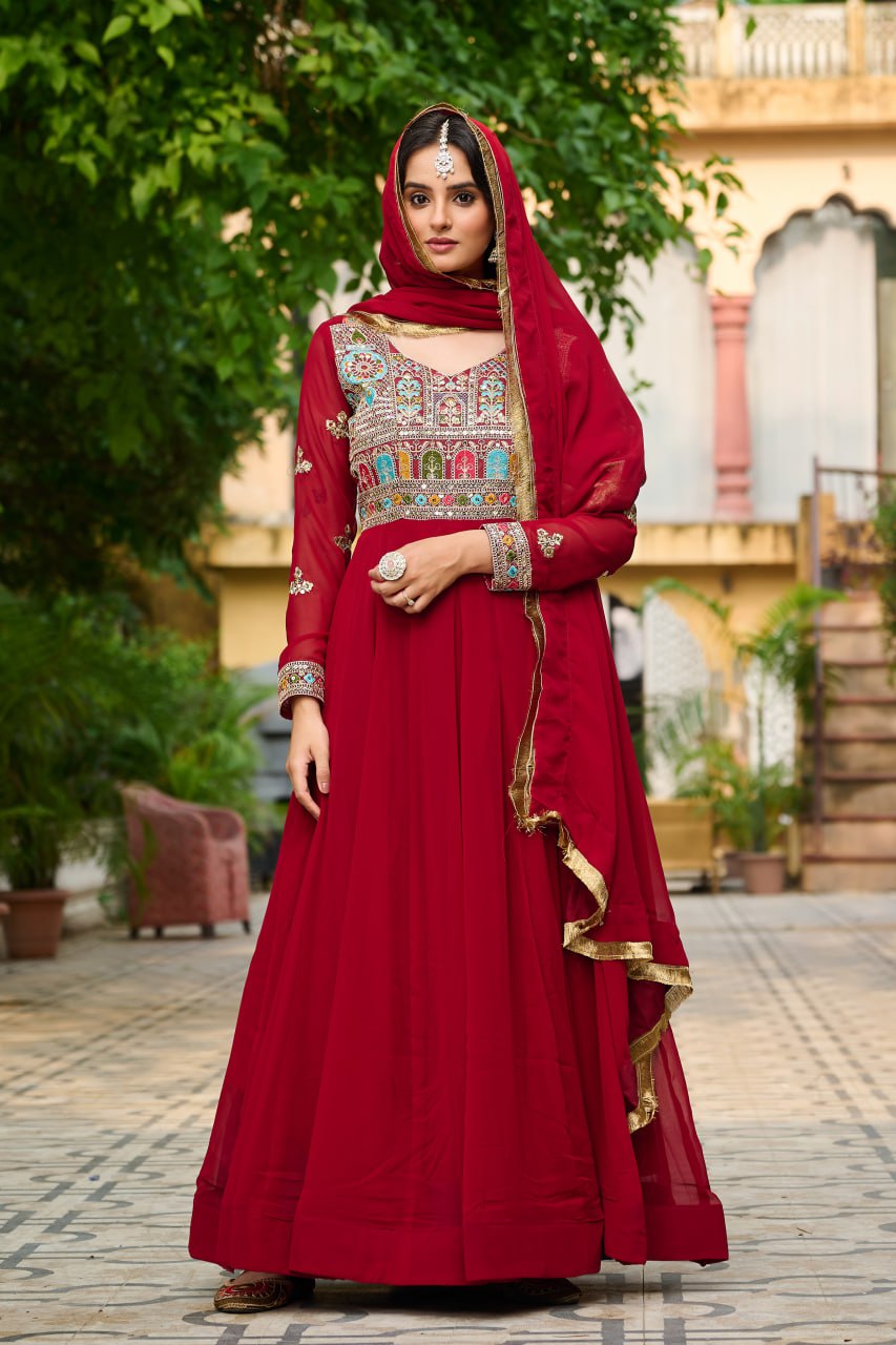 Embroidered Georgette Maroon Anarkali Gown with Dupatta – Festive & Ethnic Wear