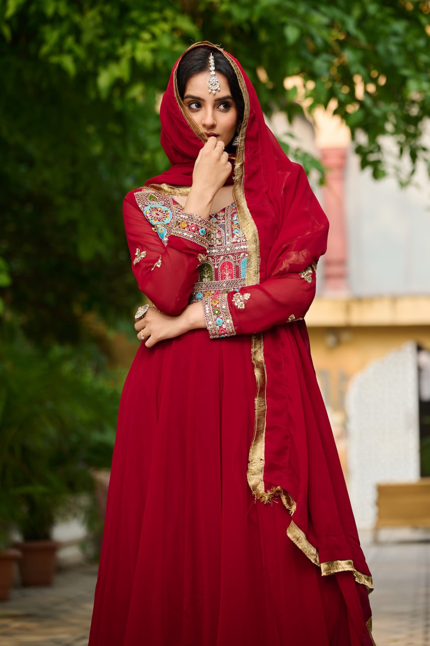 Embroidered Georgette Maroon Anarkali Gown with Dupatta – Festive & Ethnic Wear