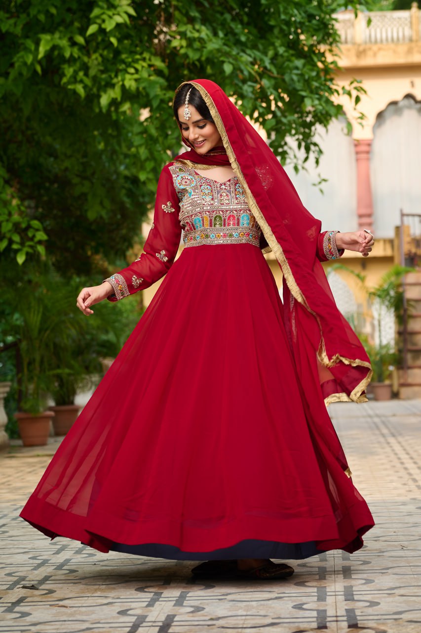 Embroidered Georgette Maroon Anarkali Gown with Dupatta – Festive & Ethnic Wear