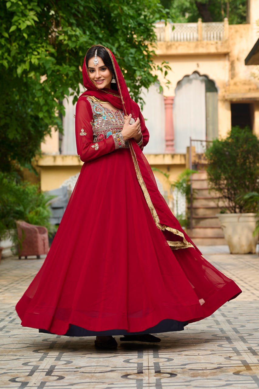 Embroidered Georgette Maroon Anarkali Gown with Dupatta – Festive & Ethnic Wear