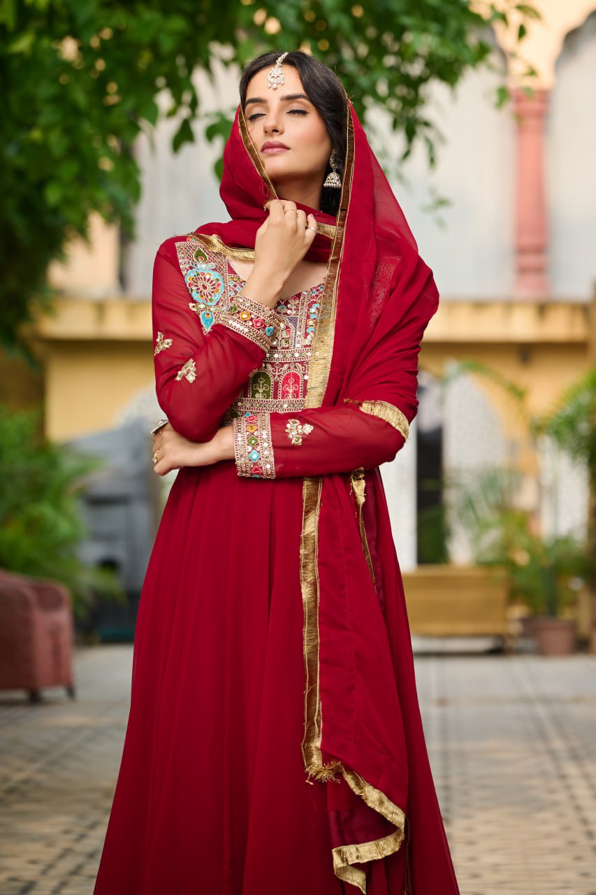 Embroidered Georgette Maroon Anarkali Gown with Dupatta – Festive & Ethnic Wear