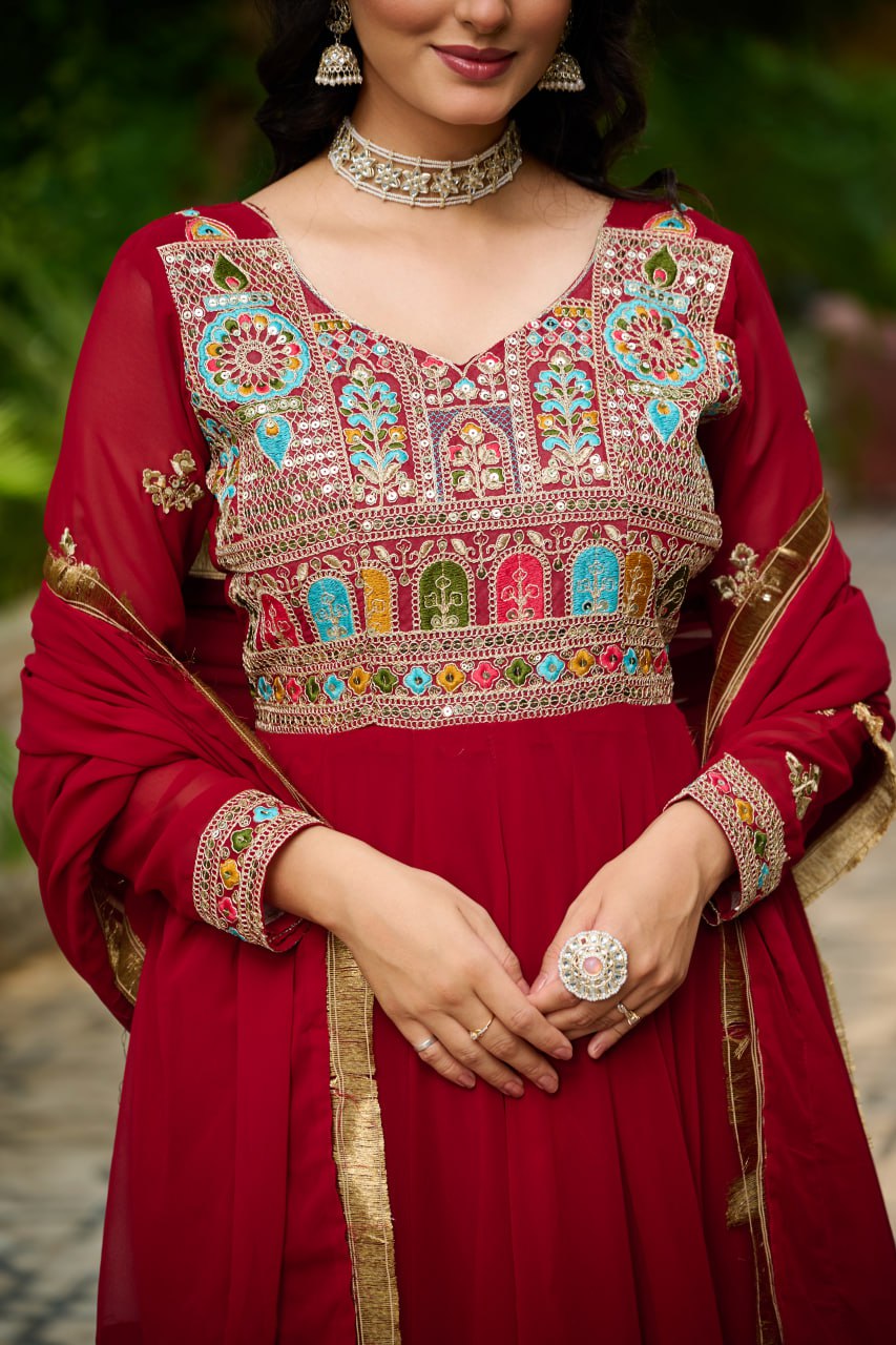 Embroidered Georgette Maroon Anarkali Gown with Dupatta – Festive & Ethnic Wear