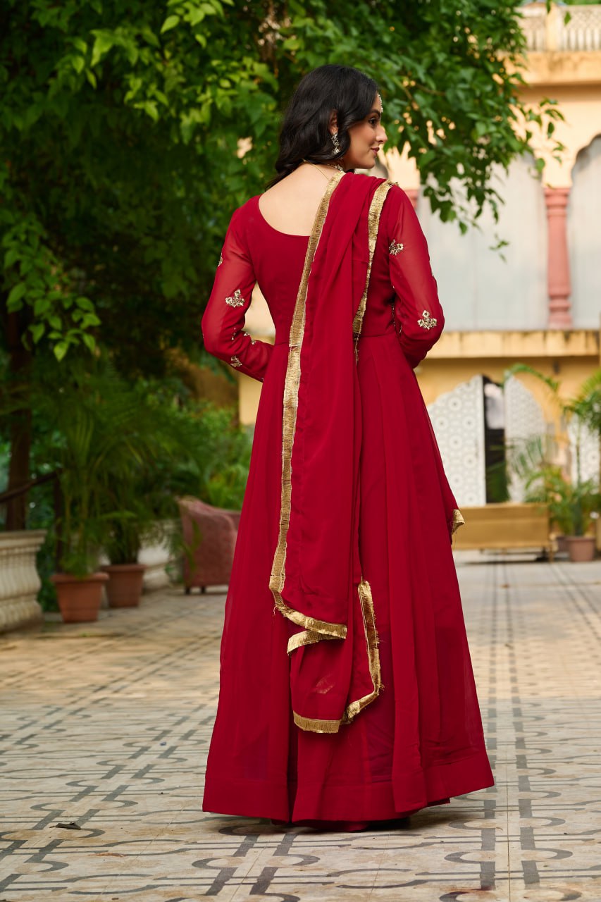 Embroidered Georgette Maroon Anarkali Gown with Dupatta – Festive & Ethnic Wear