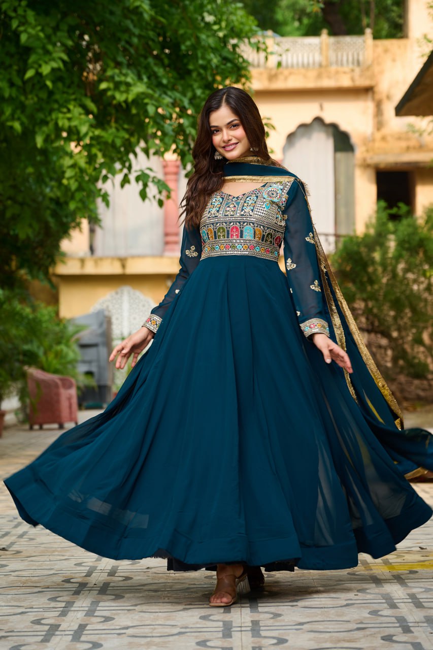Embroidered Georgette Rama Anarkali Gown with Dupatta – Festive & Ethnic Wear