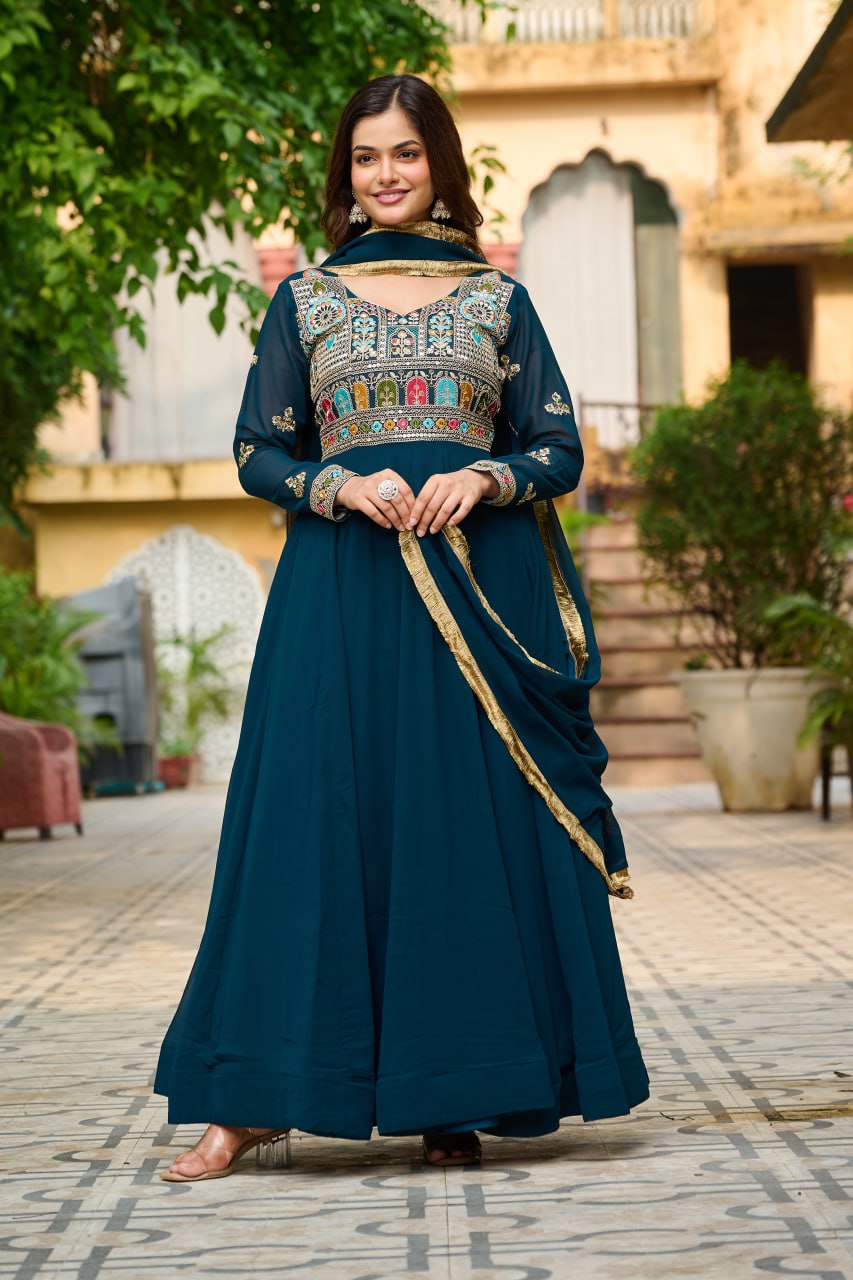 Embroidered Georgette Rama Anarkali Gown with Dupatta – Festive & Ethnic Wear