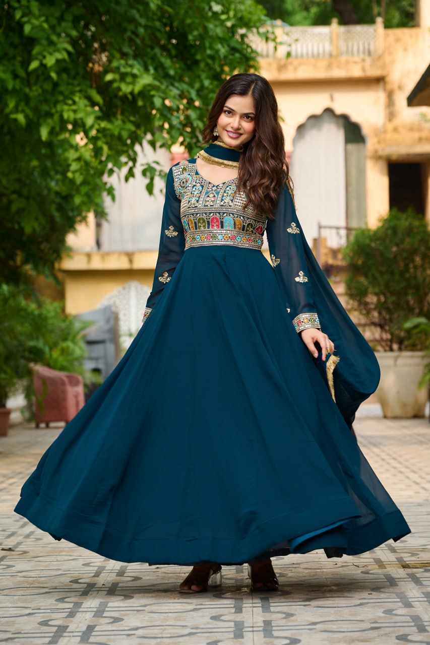 Embroidered Georgette Rama Anarkali Gown with Dupatta – Festive & Ethnic Wear