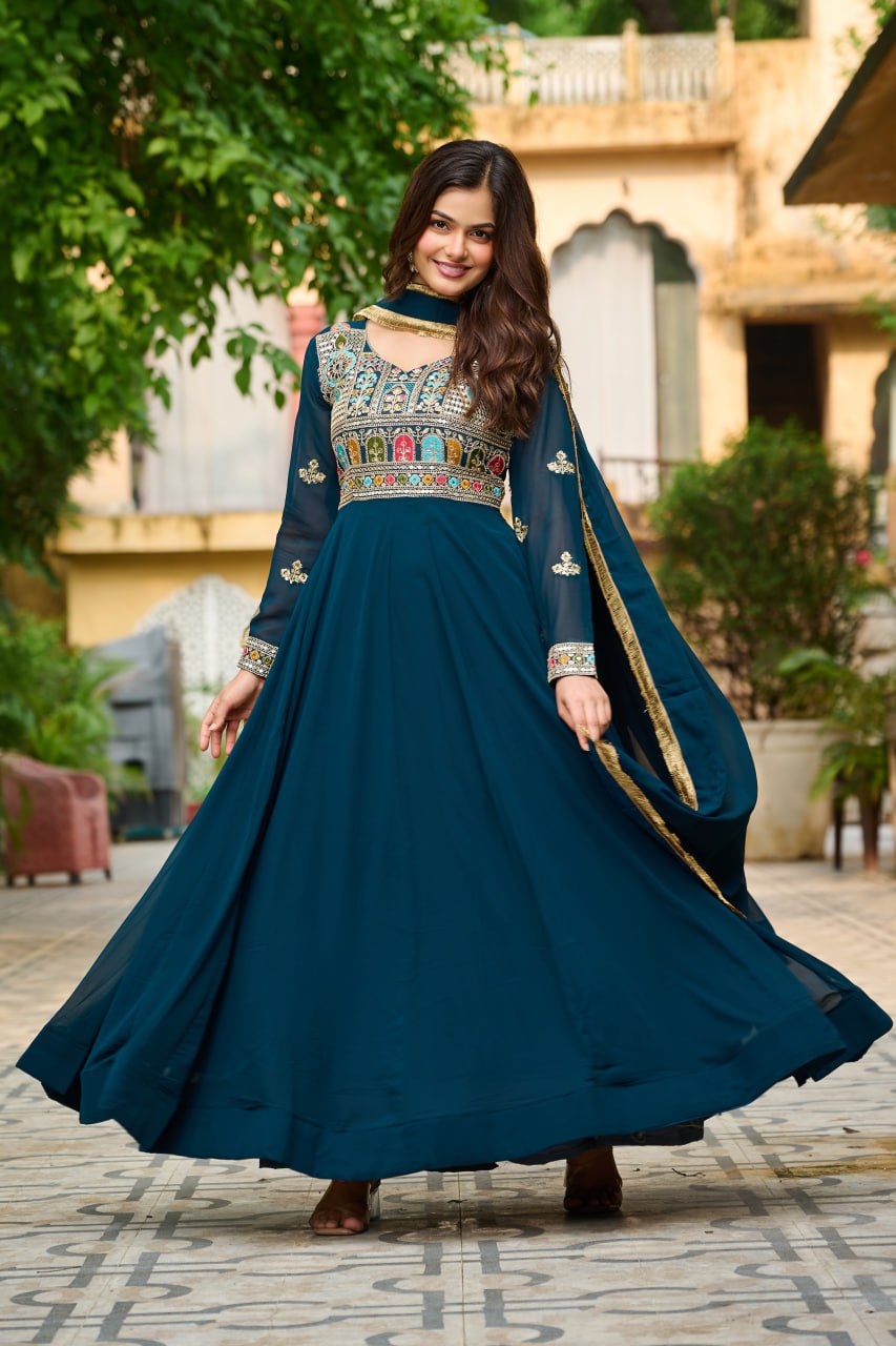 Embroidered Georgette Rama Anarkali Gown with Dupatta – Festive & Ethnic Wear