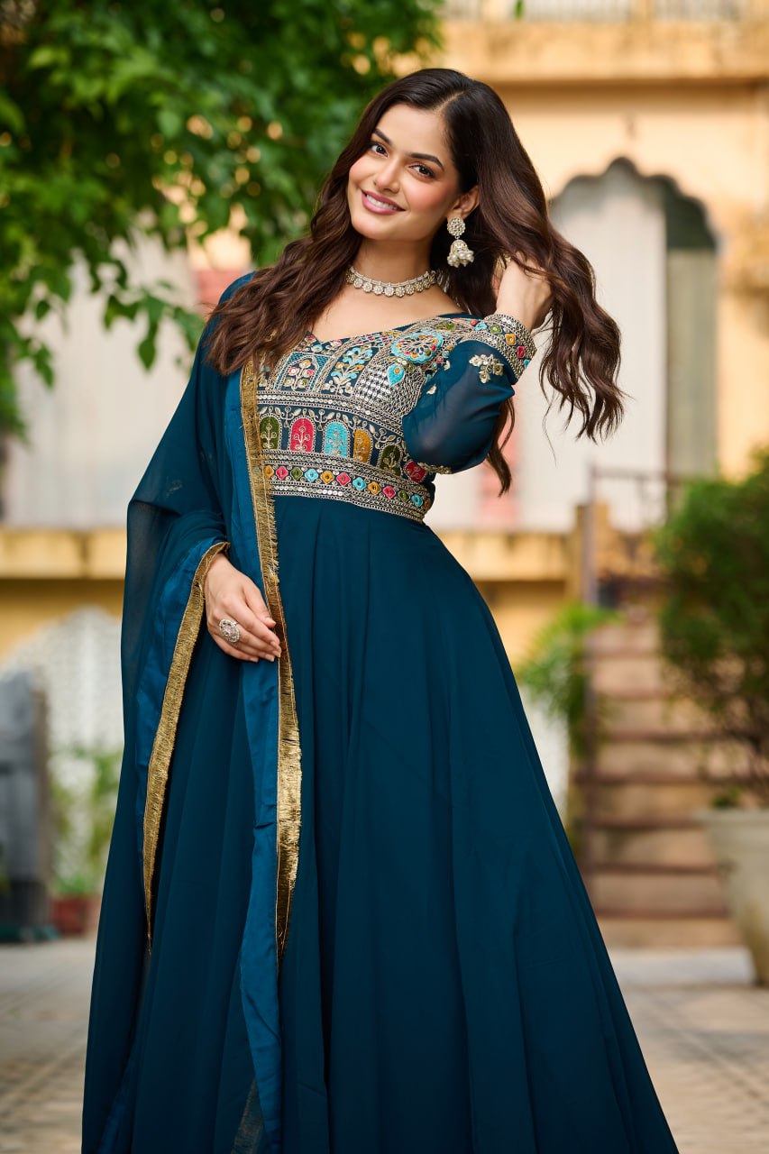 Embroidered Georgette Rama Anarkali Gown with Dupatta – Festive & Ethnic Wear