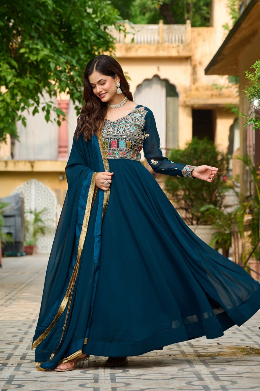 Embroidered Georgette Rama Anarkali Gown with Dupatta – Festive & Ethnic Wear