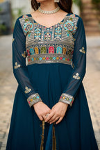 Embroidered Georgette Rama Anarkali Gown with Dupatta – Festive & Ethnic Wear