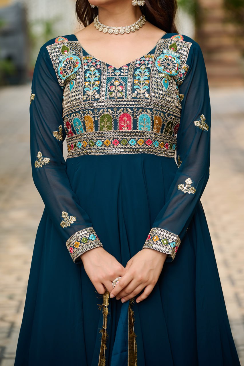 Embroidered Georgette Rama Anarkali Gown with Dupatta – Festive & Ethnic Wear