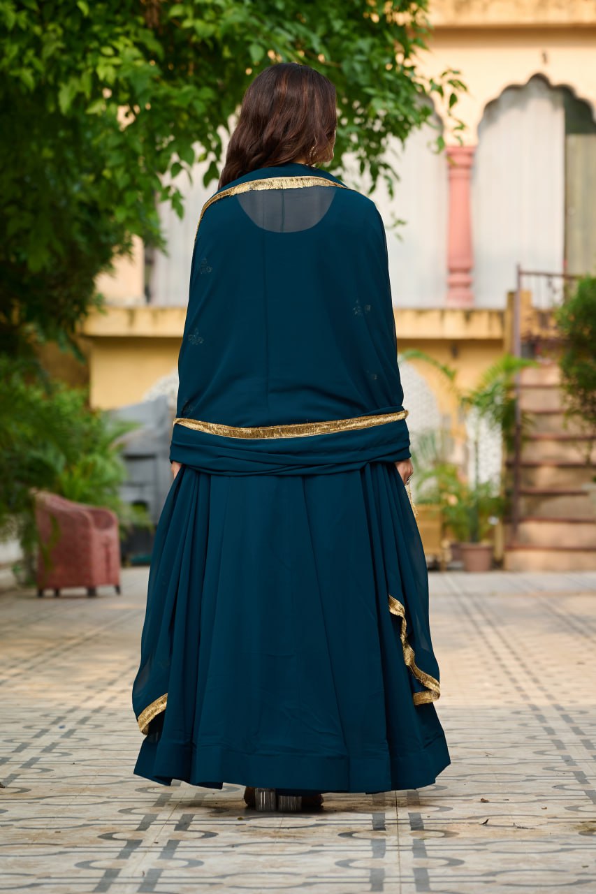 Embroidered Georgette Rama Anarkali Gown with Dupatta – Festive & Ethnic Wear
