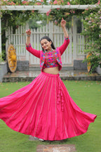 Navratri Special Pink Full-Stitched Roman Fabric Lehenga with Kutchi Gamthi Embroidered Koti Blouse – 6 M Flair