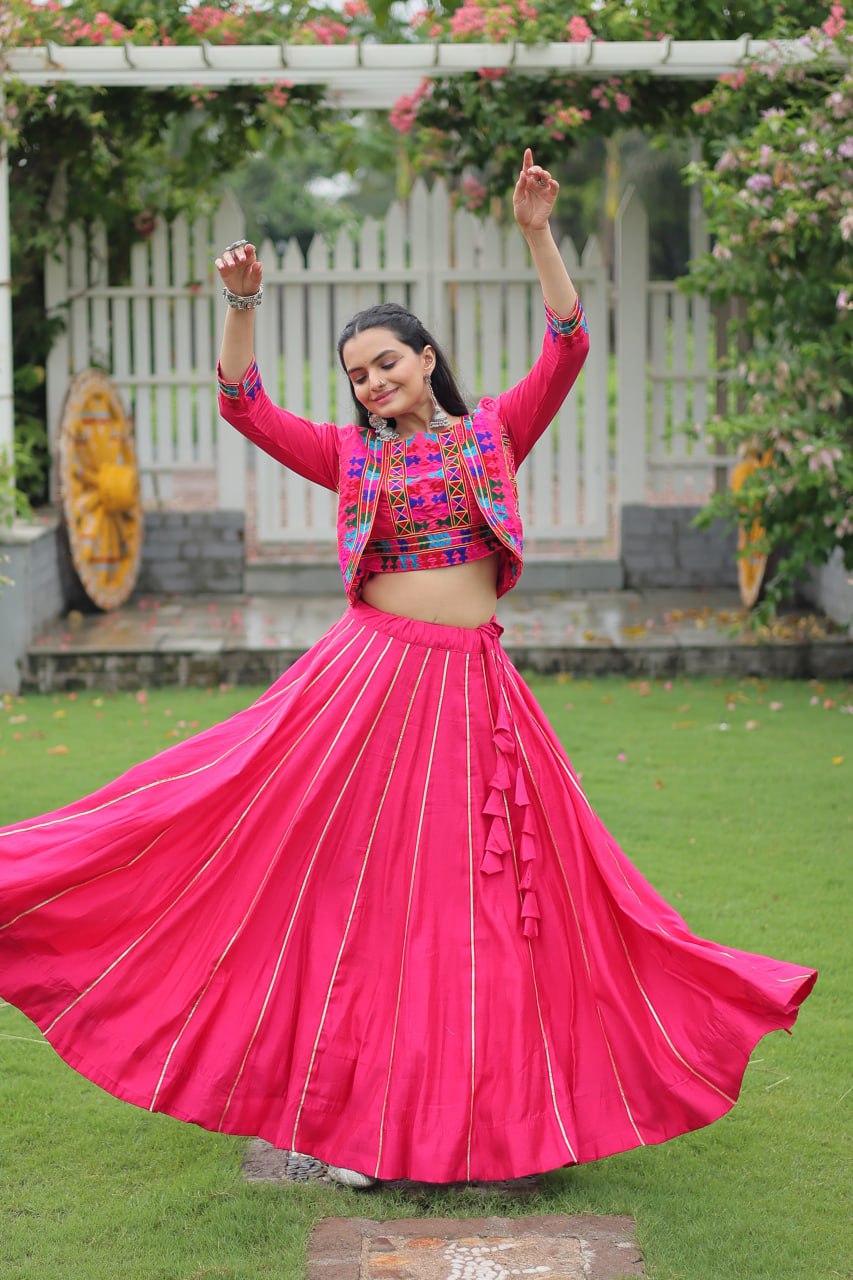 Navratri Special Pink Full-Stitched Roman Fabric Lehenga with Kutchi Gamthi Embroidered Koti Blouse – 6 M Flair