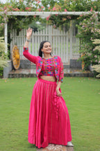 Navratri Special Pink Full-Stitched Roman Fabric Lehenga with Kutchi Gamthi Embroidered Koti Blouse – 6 M Flair