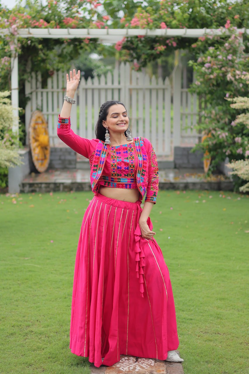 Navratri Special Pink Full-Stitched Roman Fabric Lehenga with Kutchi Gamthi Embroidered Koti Blouse – 6 M Flair